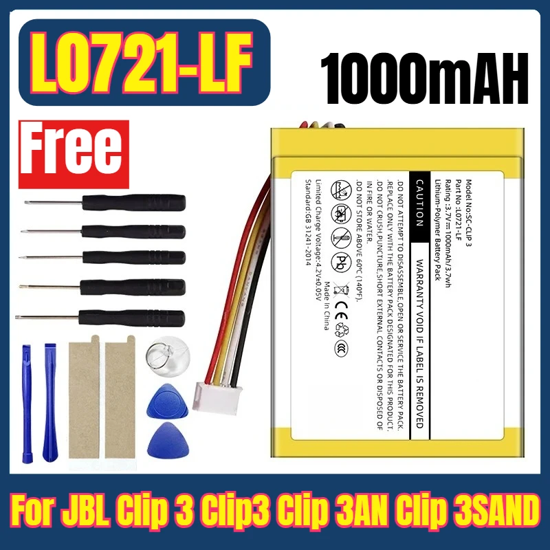 

New 1000mAh Speaker Replacement Battery for JBL Clip 3 Clip3 Clip 3AN Clip 3SAND Loudspeaker Lithium Battery L0721-LF