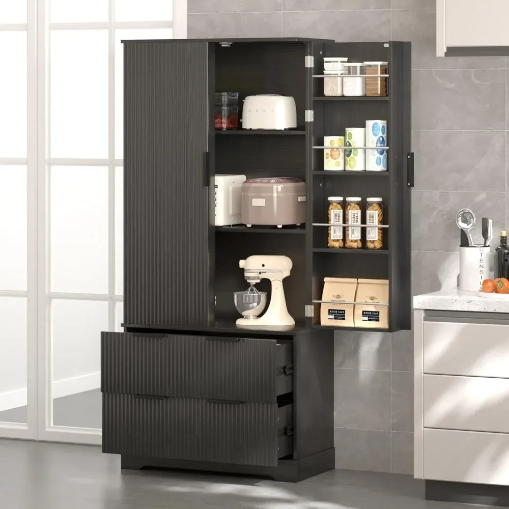 

Fluted Large Pantry Storage Cabinet with 2 Drawers and 8 Door Spice Racks, 72“H Freestanding Fluted Kitchen Storage Hutch with
