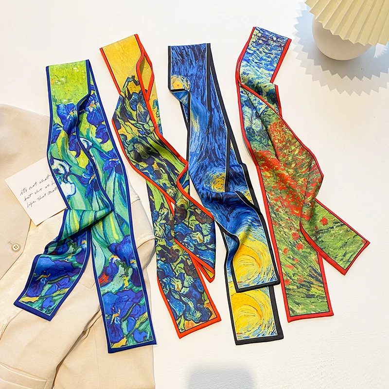 2024 Novelty Bright Oil Painting Printing Women Imitation Silk Neckerchiefs Hair Bands Summer Hats Bags Ribbon Ladies Tie Scarf