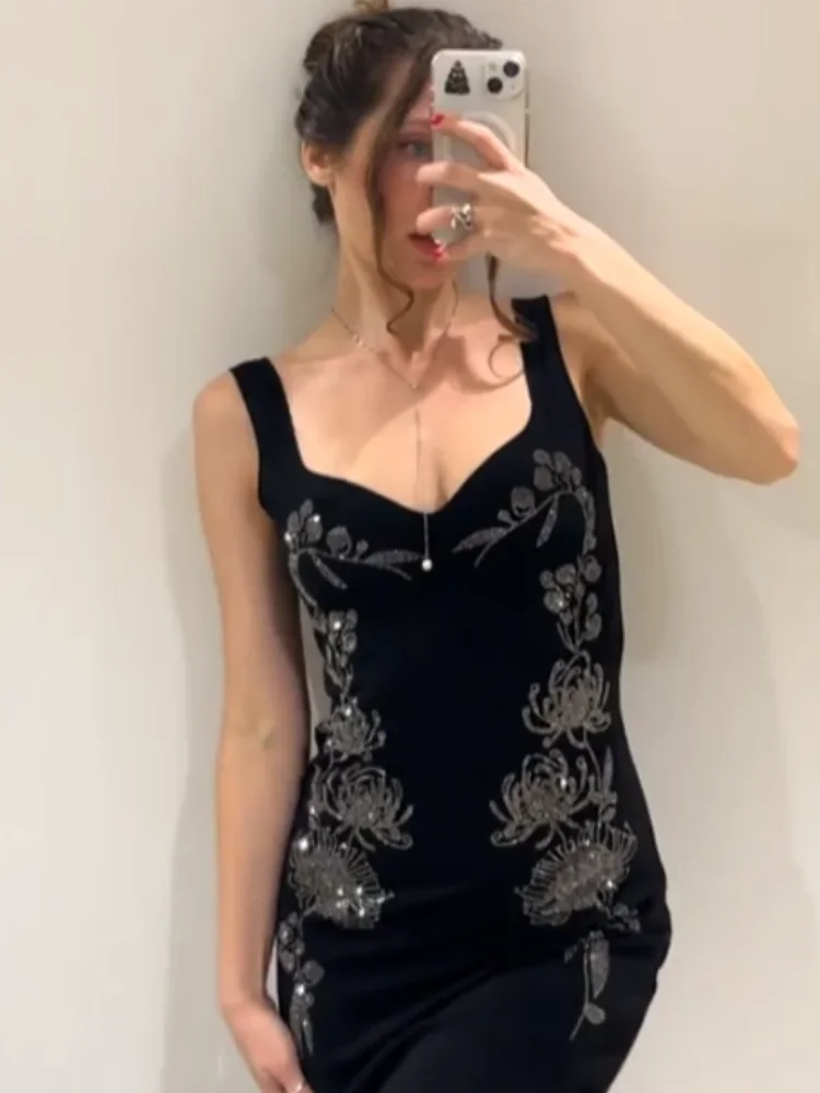 Feminino chique impresso lantejoulas colete vestido sem mangas fora do ombro sem costas vestidos de camisola 2026 moda primavera nova senhora vestido de festa