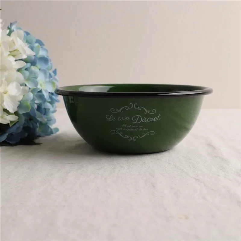 

Retro Military Green Enamel Soup Bowl Fruit Salad Bowls Thickened Baking Mixing Cooking Bowl Creative Decoration Tableware