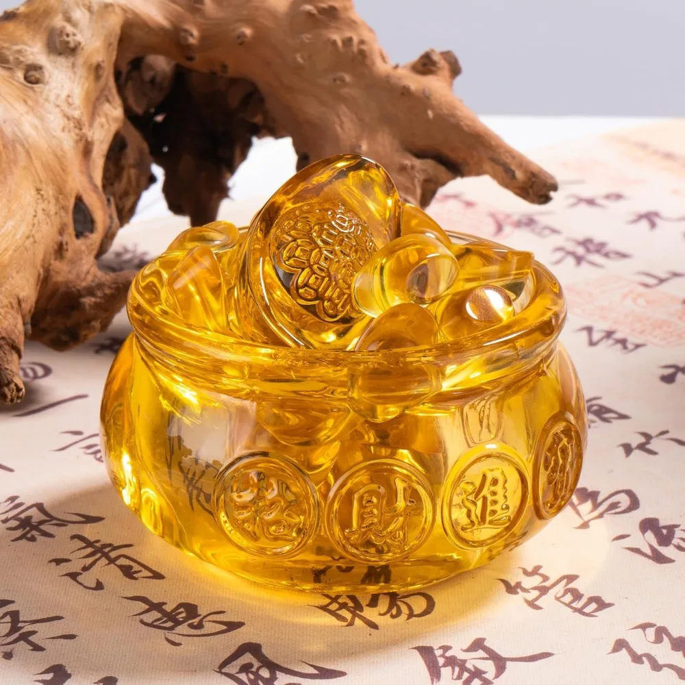 3.15" glass wealth bowl with 1 large & 42 small ingots, golden treasure basin feng shui money bowl for home office