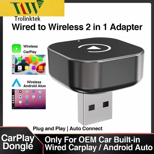 Trolinktek Mini 2 en 1 Adaptador inalámbrico Carplay Android para teléfono Apple Android Conexión Bluetooth universal OTA
