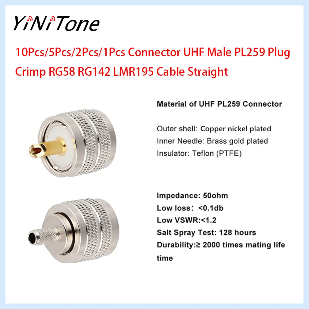 10pcs/5pcs/2pcs/1pcs UHF PL259 Male Plug RF Coaxial Crimp Connector Adapter for RG58 RG142 LMR195 LMR200 RG400 Cable