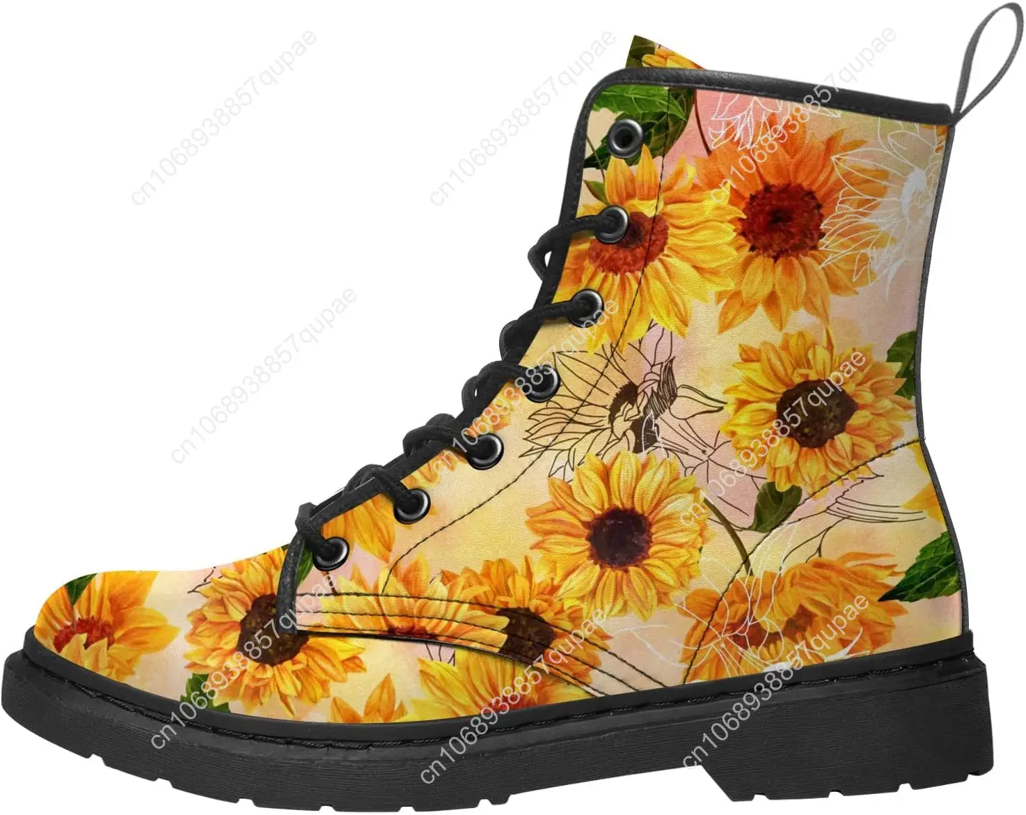 

Sunflower Print Fashion Boots High Quality Mens Womens Teenagers Leather Work Boots Printed Vintage Custom Flat Boots