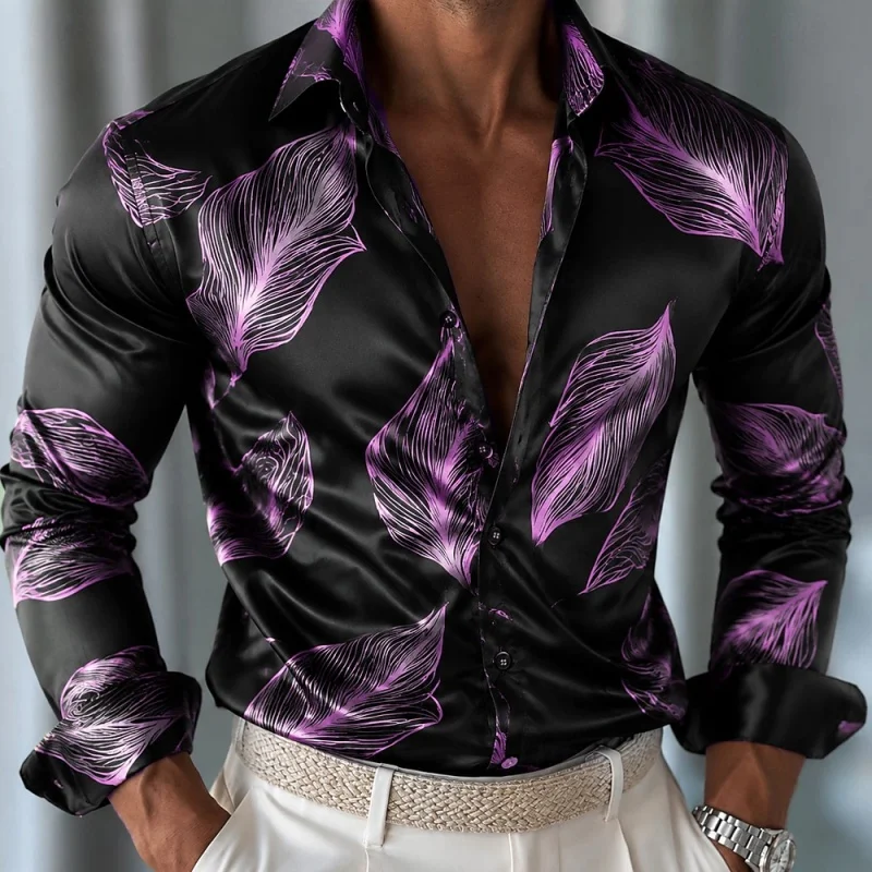 Men's new long sleeved shirt with black background, purple feathers, artistic printing, lapel cardigan, casual men's top XS-6XL