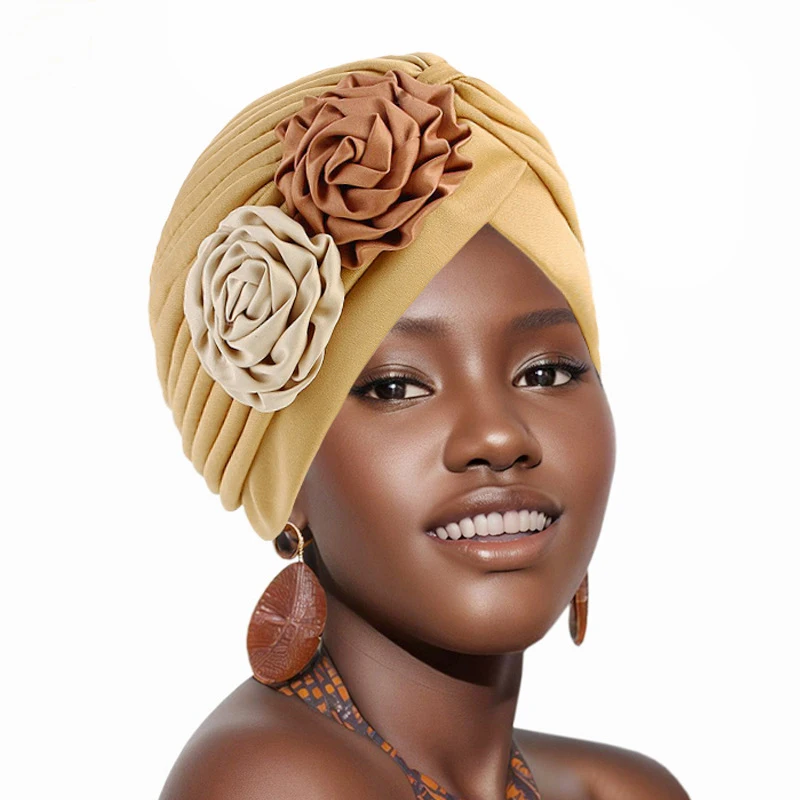 

Новые женские элегантные винтажные шапки-тюрбаны с двойным цветком, мусульманские однотонные эластичные повязки на голову, классические плиссированные шапочки, химиотерапевтическая кепка