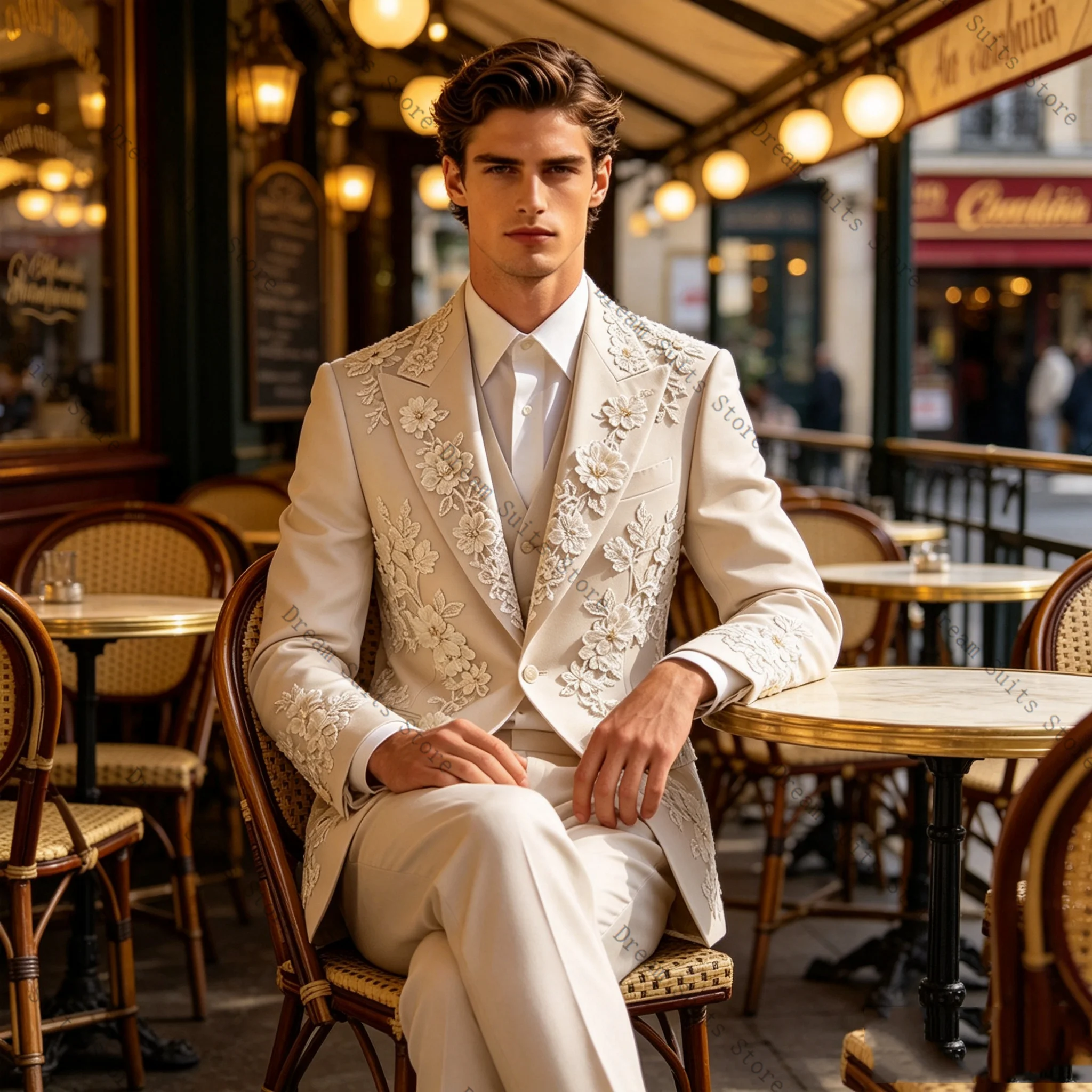 

Male Beige Men Suit Set 2 Pcs Blazer+Pants Trousers Flower Cotton Customized Formal Office Jacket Wedding Tuxedos Prom Coat
