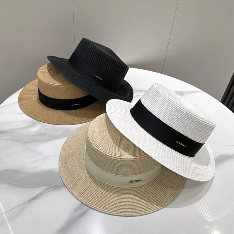 Woven hat for women outdoor casual and fashionable sunshade seaside cool with flat top