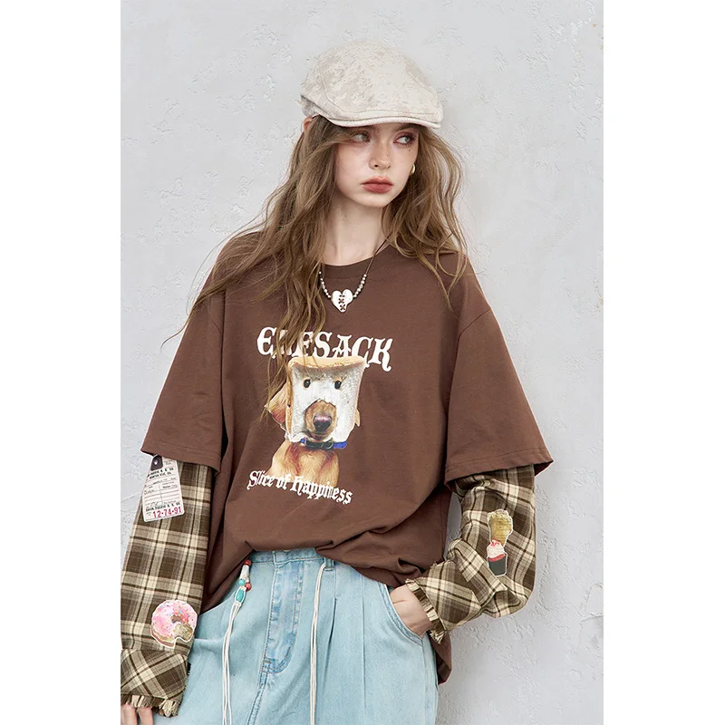 ELFSACK 2025 otoño nueva llegada Steetwear suelta a cuadros Patchwork camiseta de manga larga para mujer