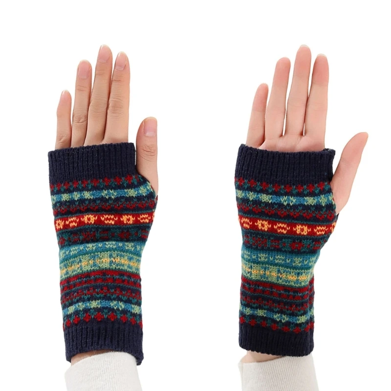 Cold Weather Gloves with Open Fingers for Typing, Extended Ribbed Wrist Coverage and Patterned Acrylic Yarn Hand Warmer for
