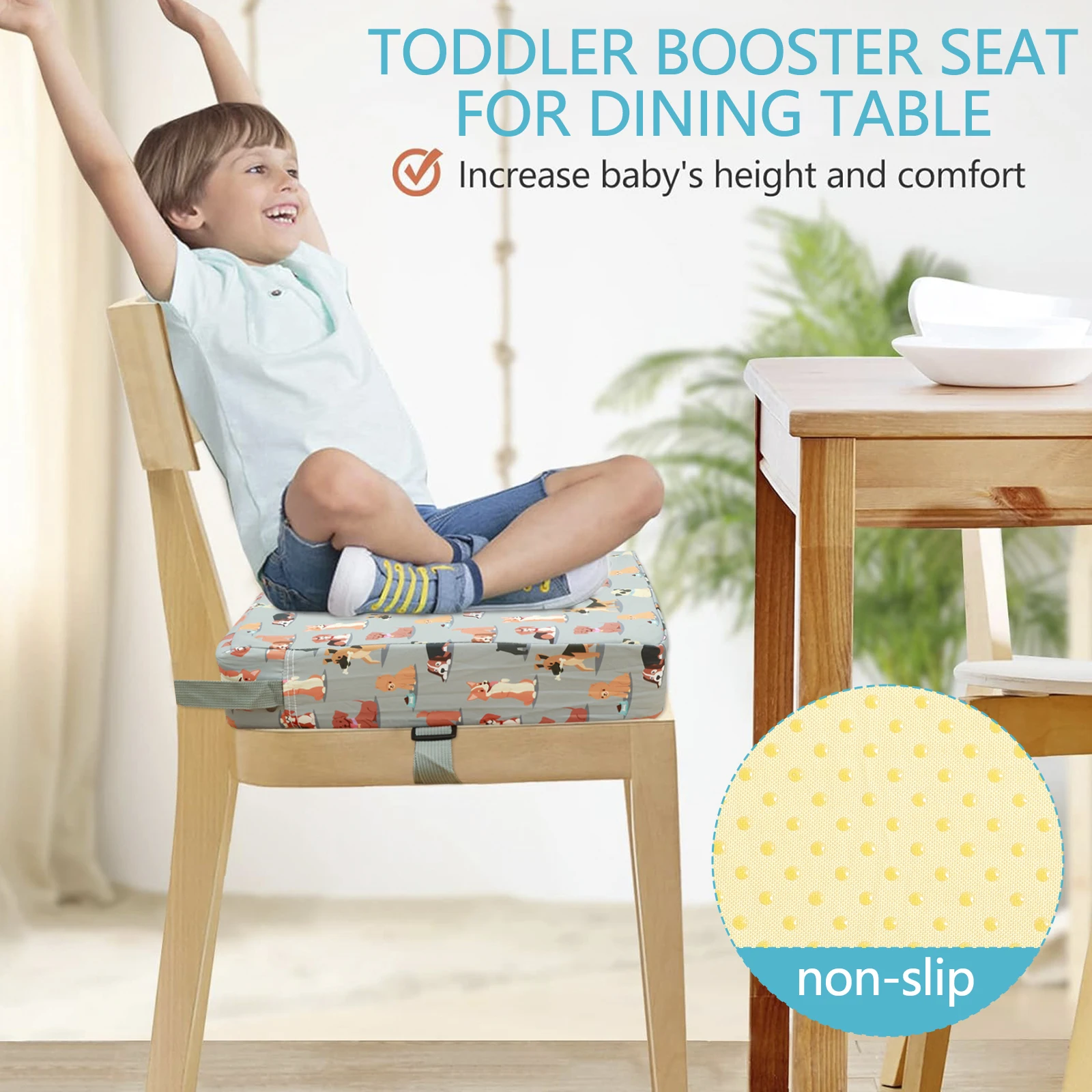 Booster Seat Cushion Children Increased Sitting Cushion Kids Non Slip Pad Baby Dining High Chair Cushions with Adjustable Belt