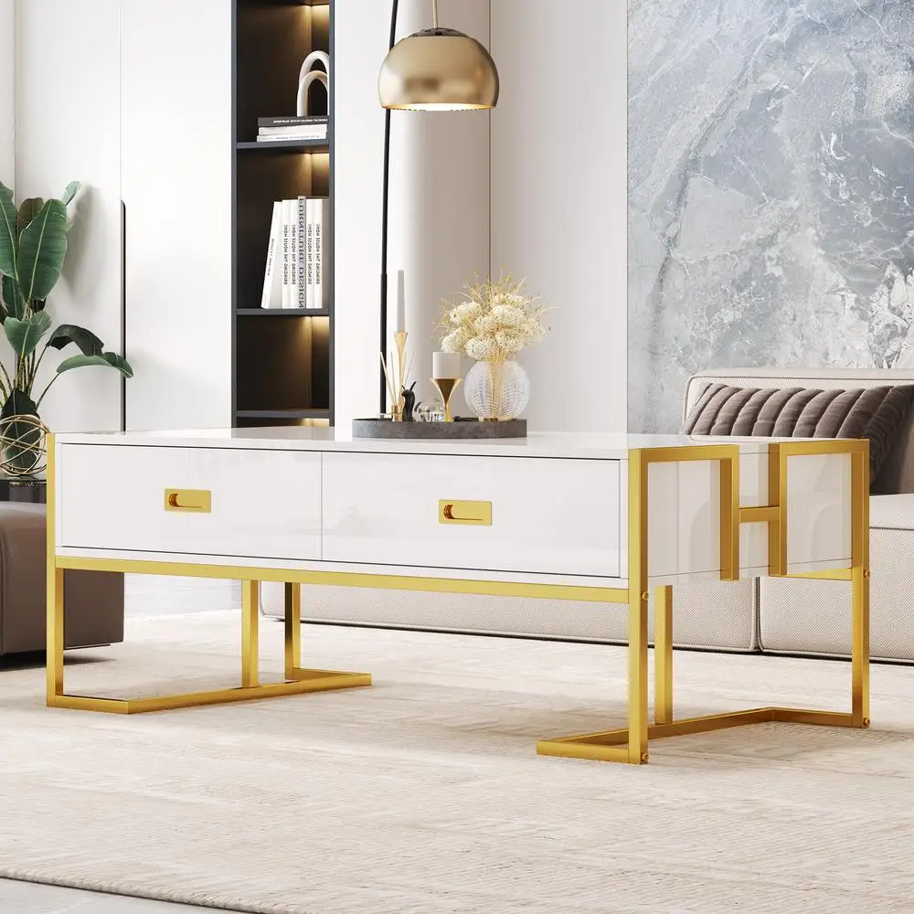 

Modern White Rectangular Coffee Table 47.3 Inch with 4 Drawers Gold Base Storage Living Room Furniture