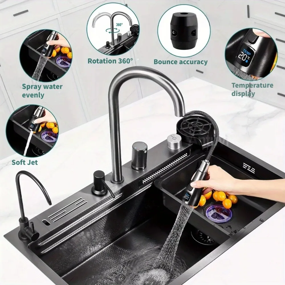 Kitchen Sinks Advanced 304 Stainless Steel Kitchen Sink with Digital Display Faucet Large Single Multifunctional Kitchen Sink CE