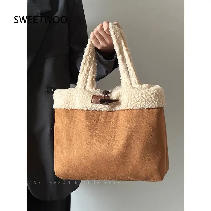 Brown Suede Fleece Spliced Tote Bag Women Horn Button Closure Winter Warm Retro Casual Daily Hand Shoulder Handbag