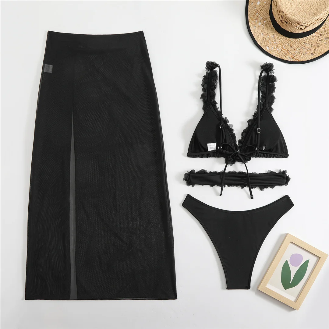 Mit Rock, 3D-Blumen, V-Ausschnitt, Bikini, Damen-Badebekleidung, dreiteiliges Bikini-Set, Damen-Badeanzug, gepolsterter Badeanzug, Badebekleidung, V6505. – Detail 16