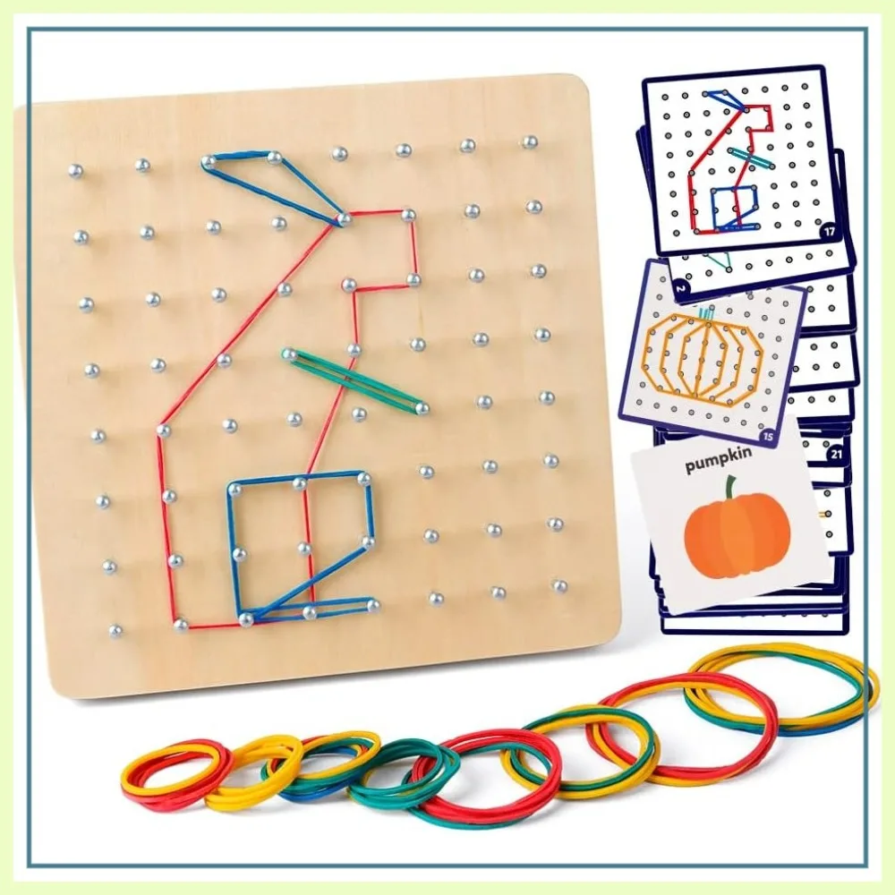 

Wooden Geoboard Mathematical Manipulative with 30 Pattern Cards and Latex Bands - STEM Puzzle 8x8 Brain Teaser