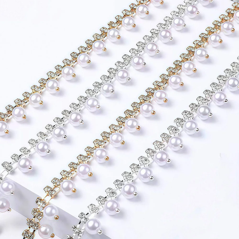 

1yard-5yards Pearl Rhinestones Chain Silver And Gold Base Shiny Crystals Stones Tassel Chain Sew on Rhinestones Chain Crafts