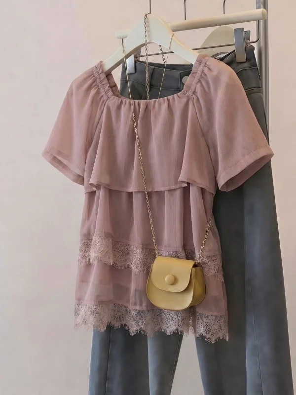 Stylish Square Collar Short Sleeve Women's Chiffon Shirt Korean Style Loose Fit Summer New Arrival plus Size Doll Top