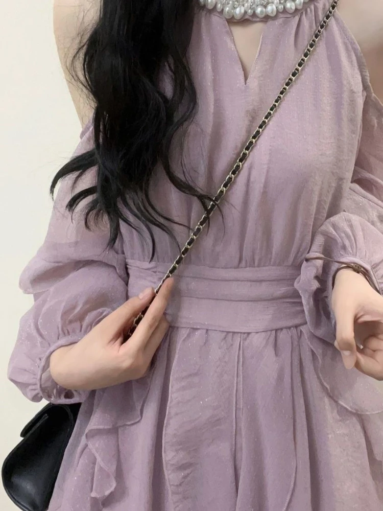 OCEANLOVE Purple Long Dresses French Style Solid Beading Spring Summer Vestidos Mujer Elegant Korean Fashion Women Dress