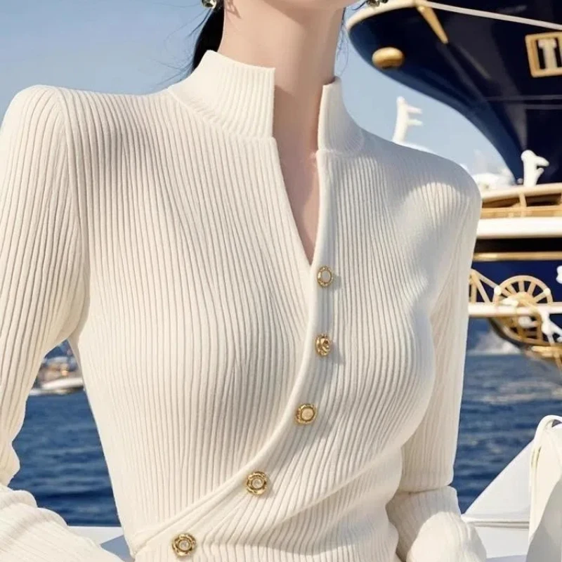 

Temperament Chic Autumn Winter Women Solid Mock Neck Button Fashion Elegant Long Sleeve Pullovers Slim Bottoming Shirt Knit Tops