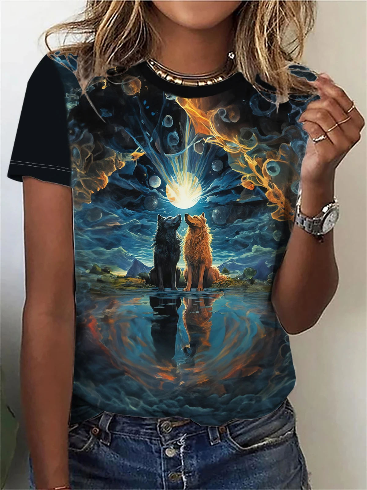 Two Wolf T-shirts， Casual Crew Neck Short Sleeve Top For Spring & Summer, Women's Clothing