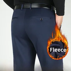 Thicken Fleece Winter Fashion Suits Pants Men Straight Stretch Warm Dress Trousers For Male Khaki Black Office Formal Pants