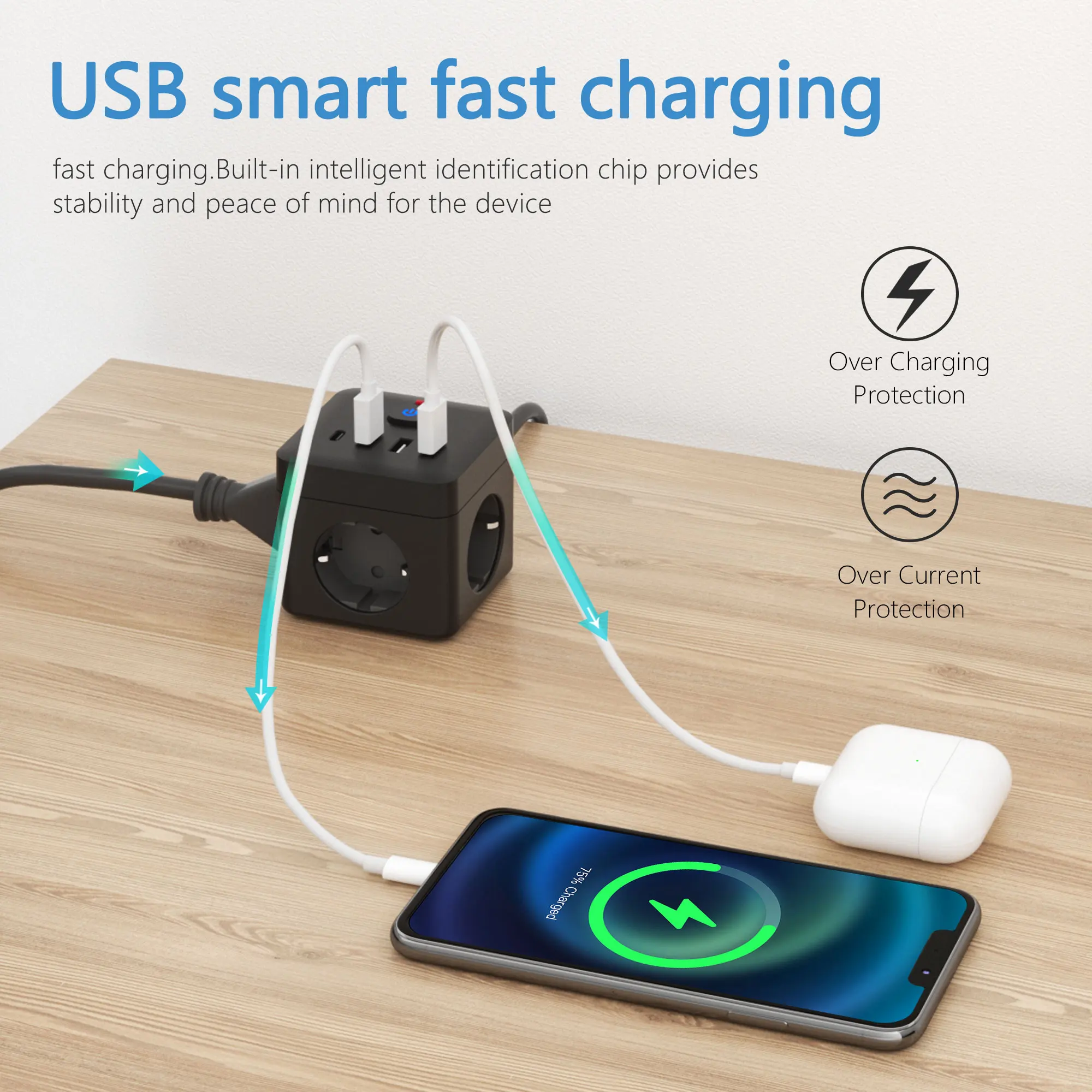 7-in-1 EU Power Strip, Power Strip Surge Protector, 3 AC Outlets 3 USB 1 Type-C, Desktop Charging Station With Overload Protecti