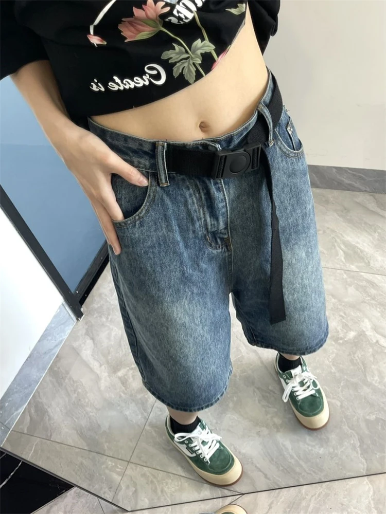 Women's Belt Splicing Design Wide Leg Large Size Denim Shorts Unisex Style Capris Summer Female High Waist Loose Short Jeans