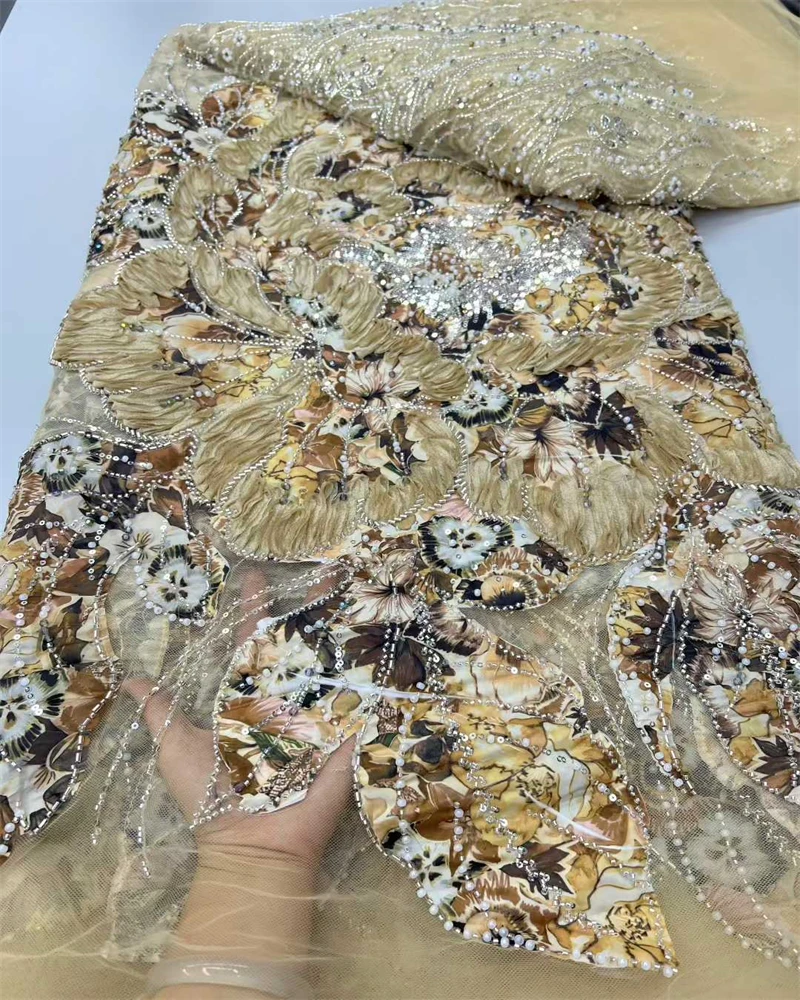 Tessuto di pizzo con perline nigeriane di lusso Paillettes di alta qualità Abito da festa africano Materiale da cucire per occasioni speciali