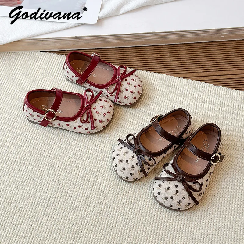 Korean Sweet Baby Girls Mary Jane Princess Shoes 2026 Spring New Kids Cute Floral Print Bow Soft Flat Non-slip Leather Shoes