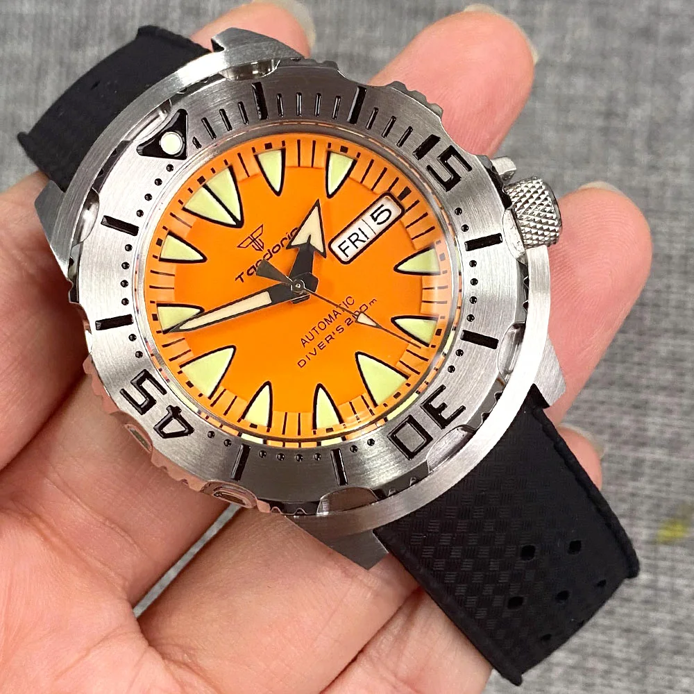 Tandorio 42mm Monster Blue Dial NH36A Herren-Automatikuhr AR Saphirglas 3,8 Uhr Krone Lume 20ATM Taucheruhr mit Kautschukarmband