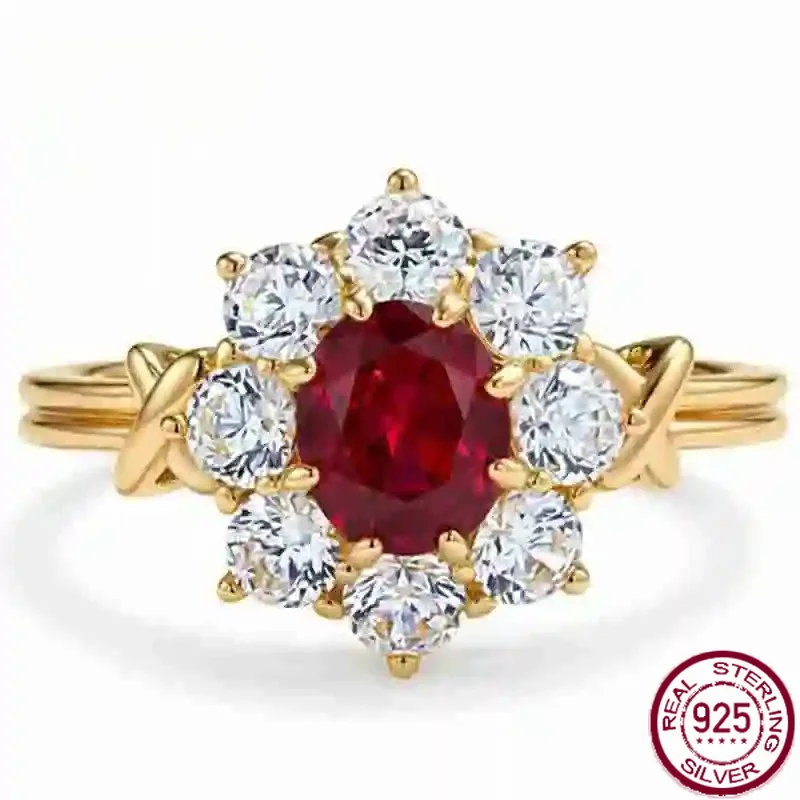 Yaranyan Vintage 925 Sterling Silver Oval Cut 5*6 MM Ruby High Carbon Diamond Gems Flower Ring Wedding Engagement Fine Jewelry