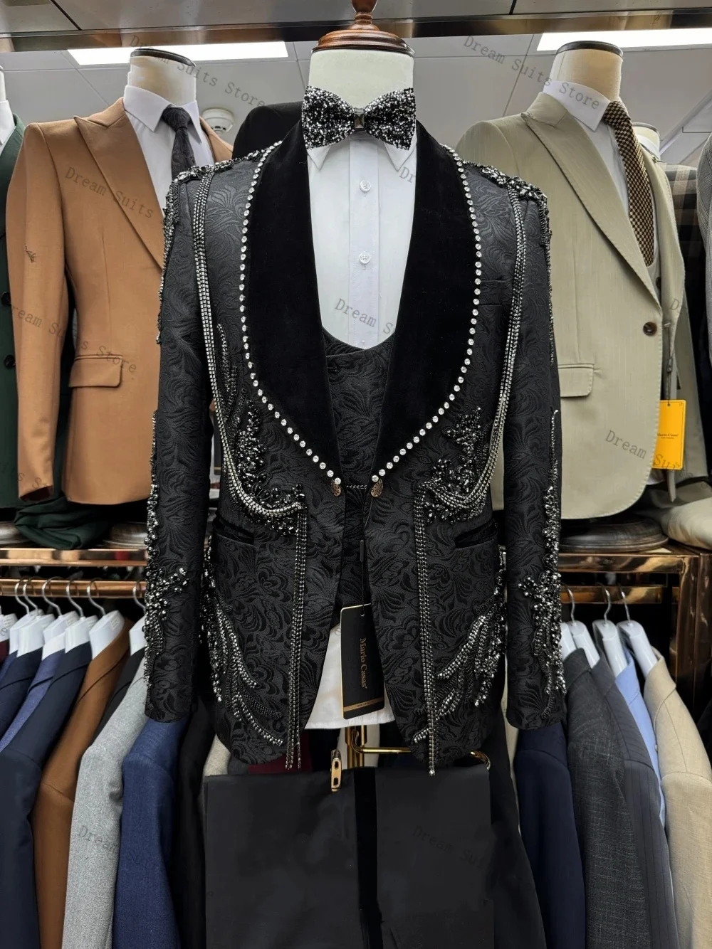 

Black Jacquard Crystal Men Suit Set 2 Piece Blazer+Pant Trousers Customized Formal Office Jacket Groom Wedding Tuxedos Prom Coat