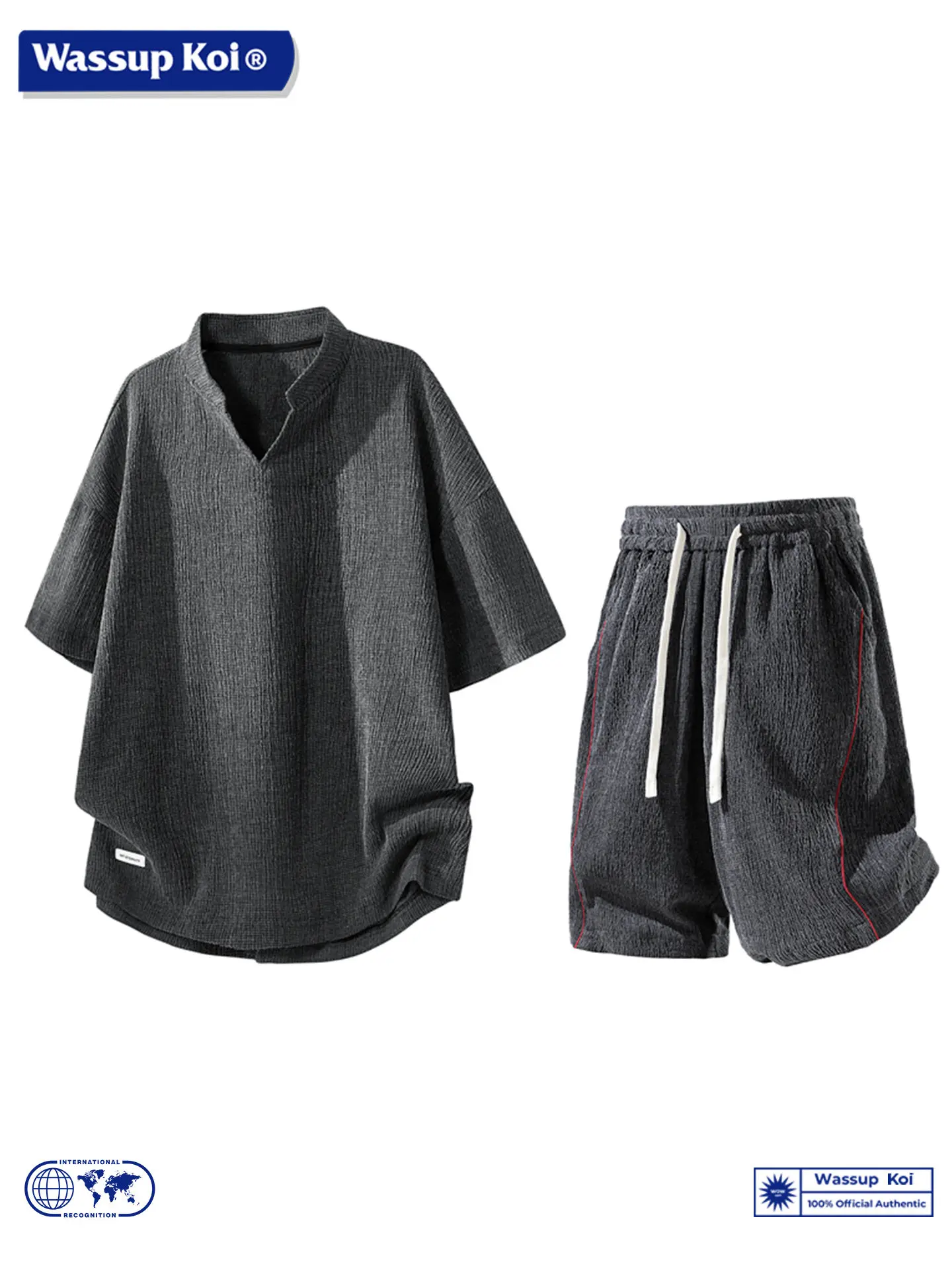 wassup-koi-men's-summer-short-sleeve-v-neck-texture-knitted-casual-sportswear-set-comfortable-breathable-polyester-shorts