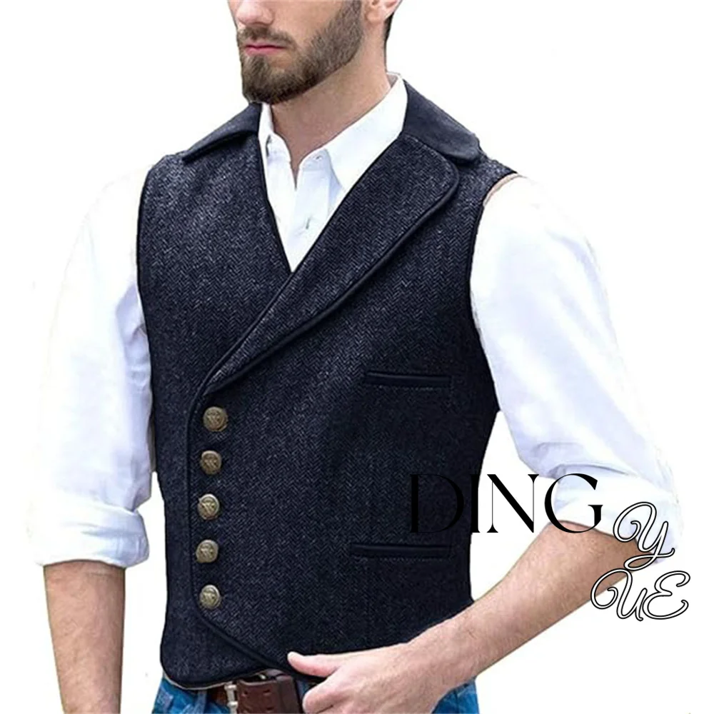 Gilet en tweed à chevrons pour homme, col tailleur, vernis imbibé, 5 boutons