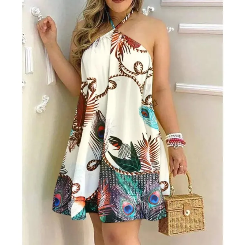 

Floral Print Dresses For Woman 2024 Sexy Sleeveless Backless Short Mini Dress Loose Halter Neck Beach Sundress Bohemia Vestidos