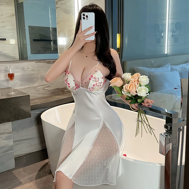 

Сексуальная пижама из ледяного шелка, атласная сексуальная юбка для сна с бретельками на спине, кружевная пижама, женская домашняя одежда
