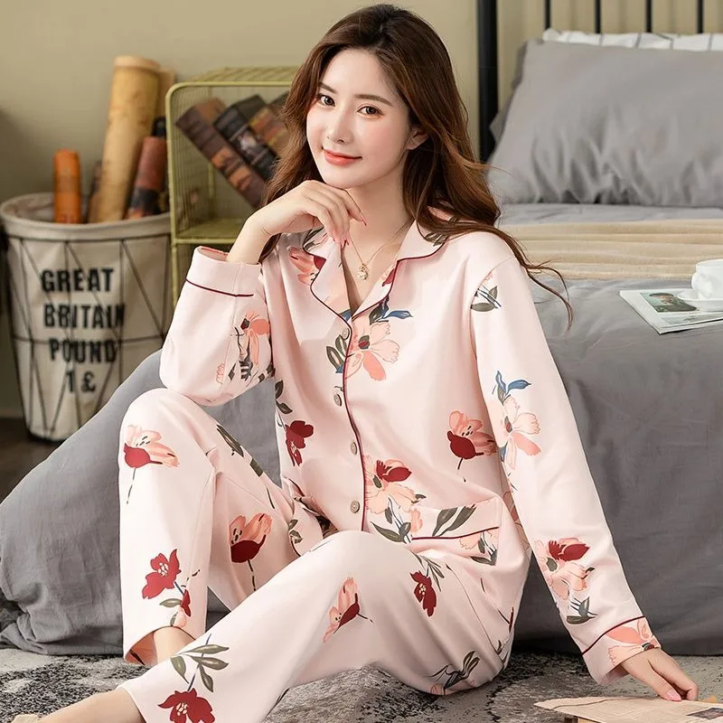 

Pajama Women's Spring Autumn Pure Cotton Sleepwear Suit Long Sleeved Middle-aged Loungewear Mother Loose Size Home Clothing Set