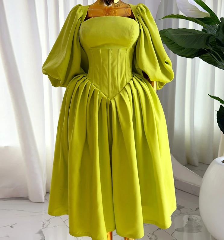 

Sweet and fresh women's new fashionable and elegant square collar waist tied lantern sleeves A-line dress long skirt