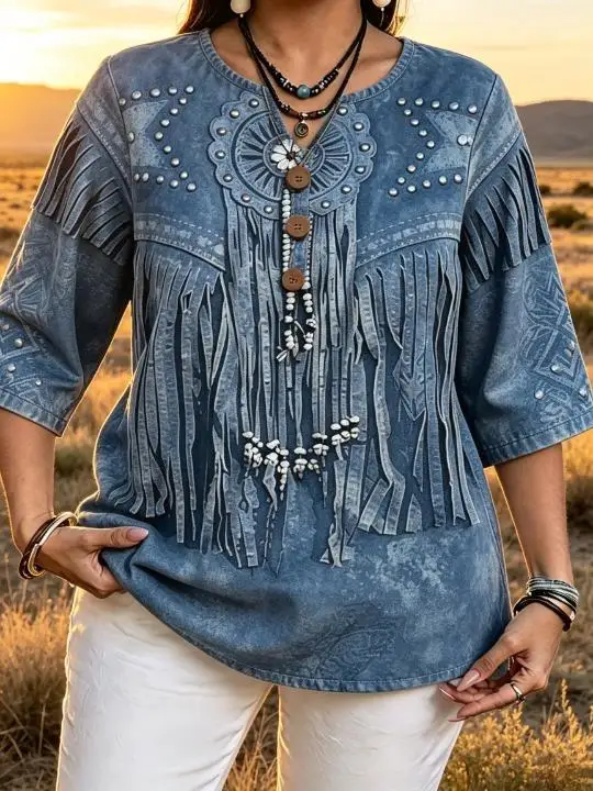 Plus Size Women Western Ethnic Print Blouse 3/4 Sleeve Fringe Stud Decor Half Placket Loose Casual Cowgirl Daily Top
