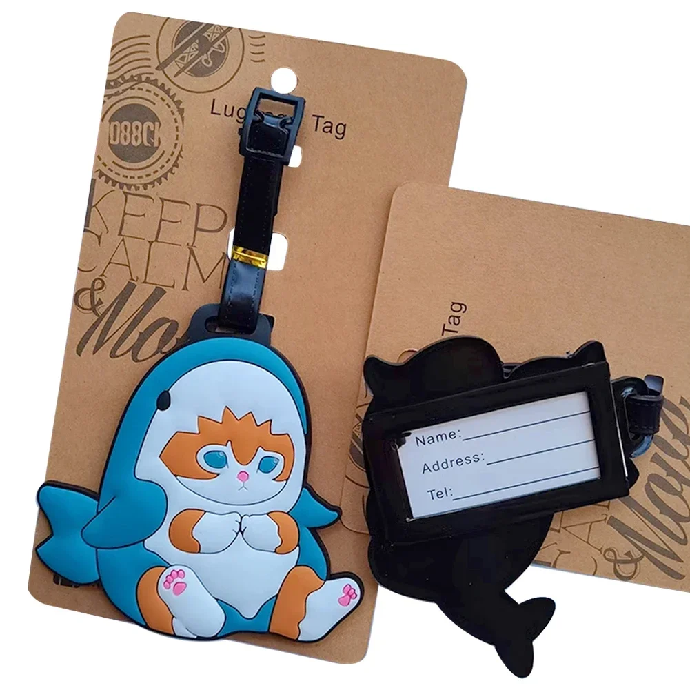 Etiqueta de equipaje con diseño de gato de tiburón Kawaii para hombres y mujeres, accesorios de viaje, etiqueta de equipaje de PVC de dibujos