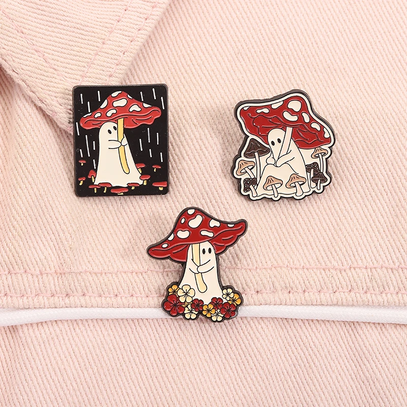 Wandering Ghost with Mushroom Umbrella Enamel Pins Halloween Spooky Brooches Lapel Badge Fashion Jewelry Gifts for Friends