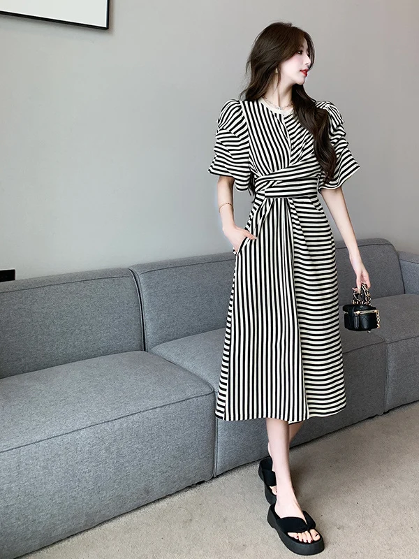 

Plus Size plus Size Women's Summer Casual Loose Dr Striped ort Sve Long Dr Korean Sle A-Line Skirt for Young Women