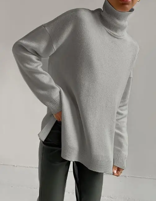 

Women's Sweater 2025 Spring Autumn New Solid Color High Neck Long Sleeve Loose Fit Versatile Casual Pullover Knit Sweater