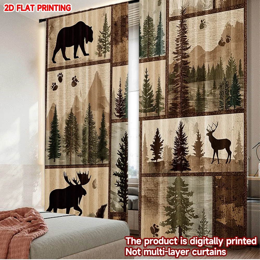 

2D flat printing 2pcs Window Treatment Curtains Forest Bear Deer Wildlife Country Digital Printed Polyester Drapes All Season
