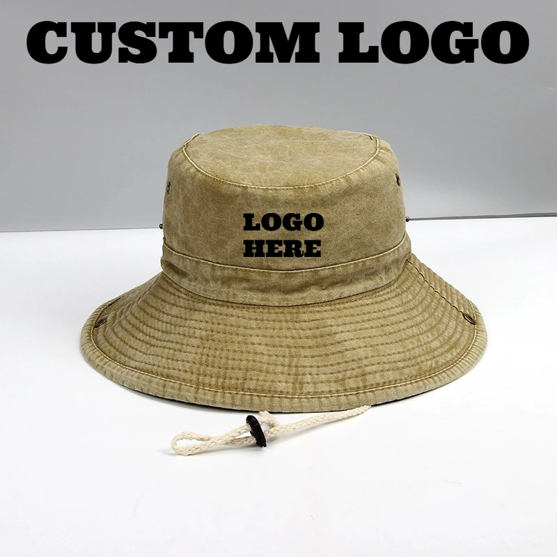 Individuell bedruckter, bestickter Bucket Hat mit breiter Krempe, aus gewaschener Baumwolle, Unisex, 62 cm, Sonnenschutz, Camping-Sonnenschutzhut – Detail 1