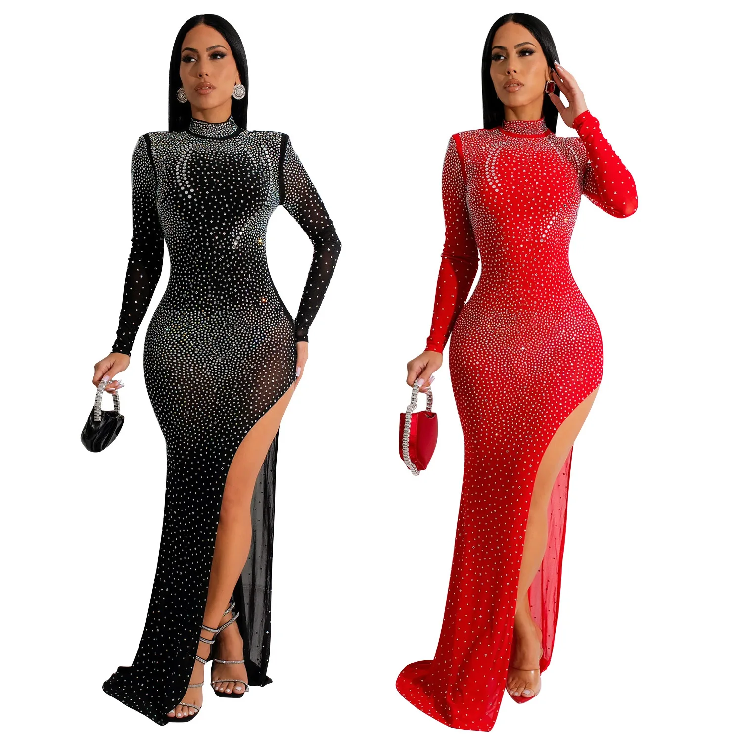 

EINYOO Y2k Luxury Women's Mesh Diamonds Long Sleeve Prom Dresses Party Formal Bodycon Evening Gown Vestidos Clothing Traf Zevity