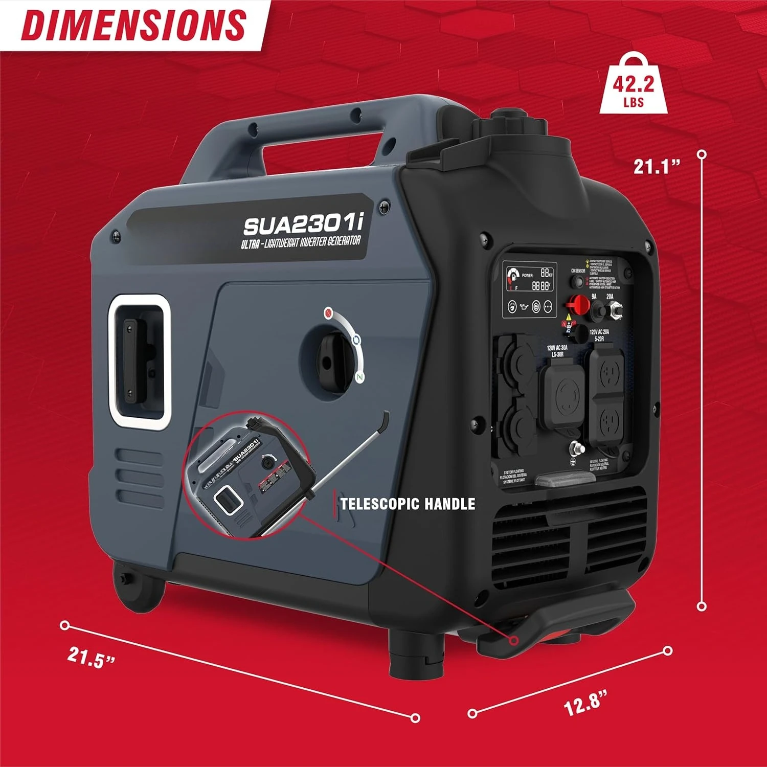 Portable Inverter Generator, 2300W RV Ready, EPA & CARB Compliant CO Sensor, Portable Ultra-Light Weight