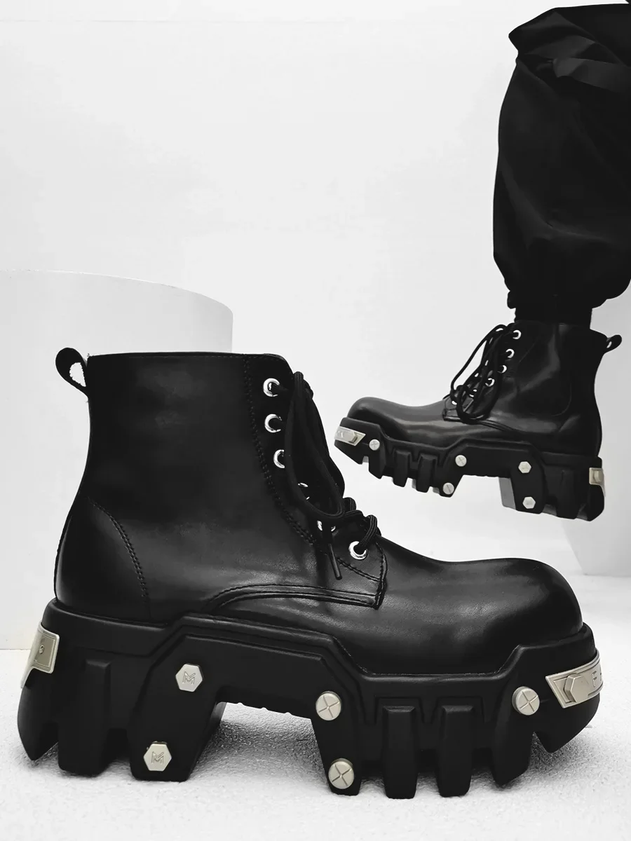 Paris bulldozer male niche punk style thick-soled gear heightened 8CM locomotive boots